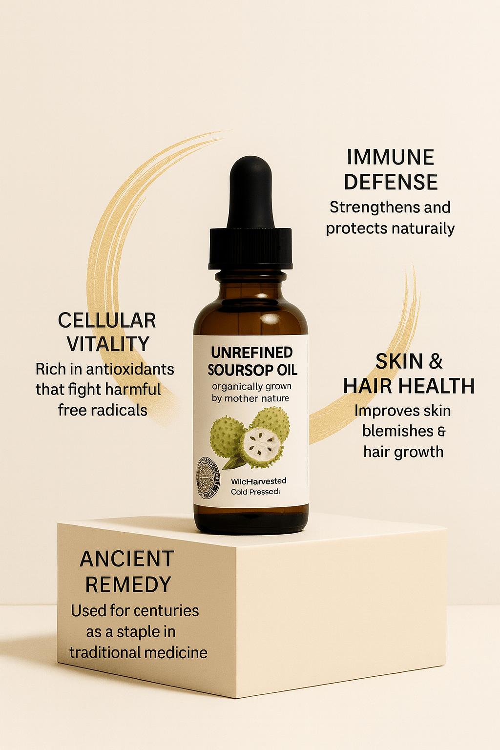 Forceup 100% Natural Soursop Oil bottle with green and white labeling against a nature-inspired background.