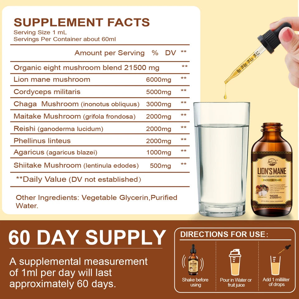 Forceup Lions Mane Mushroom Extract in a clear bottle with a label featuring mushrooms and a natural background.