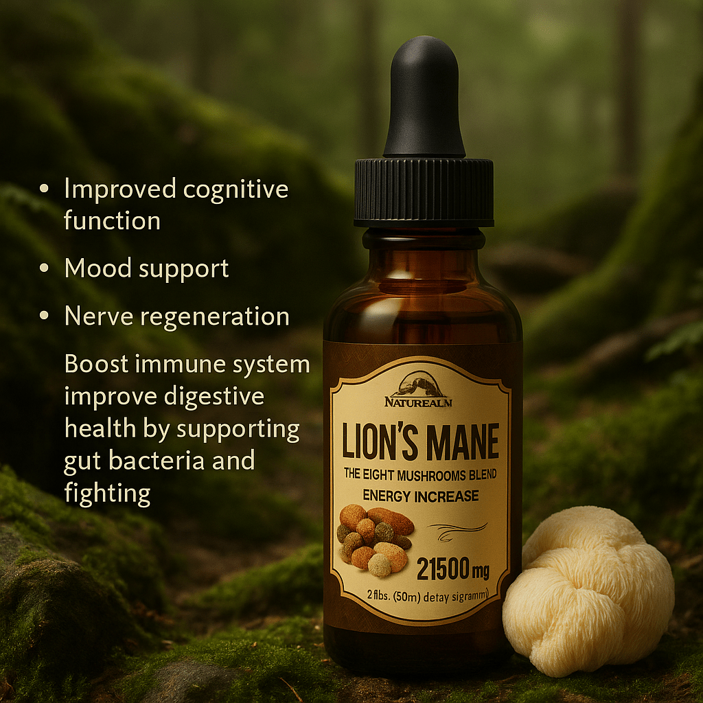 Forceup Lions Mane Mushroom Extract bottle with a dark label and a dropper, showcasing its natural health benefits.