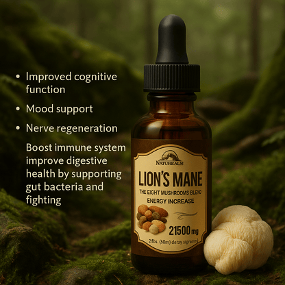 Forceup Lions Mane Mushroom Extract bottle with a dark label and a dropper, showcasing its natural health benefits.