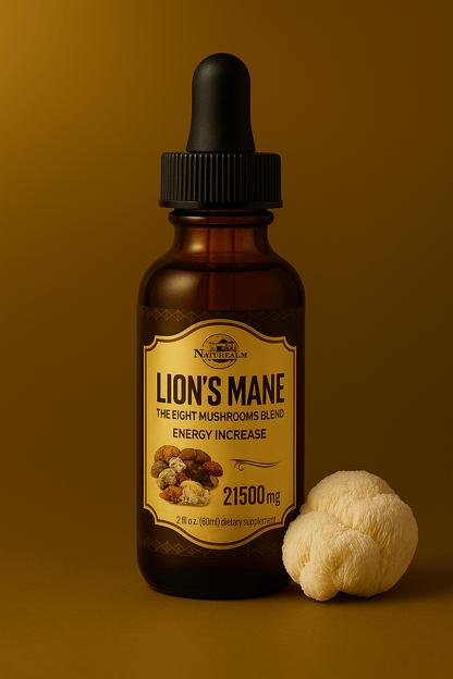 Forceup Lions Mane Mushroom Extract bottle with a dark label and a dropper, showcasing the product's natural appearance.