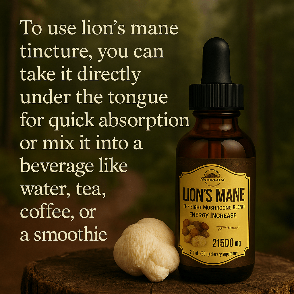 Forceup Lions Mane Mushroom Extract bottle on a wooden surface with mushrooms in the background.