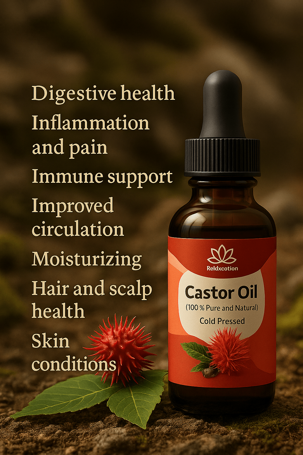 Forceup Organic Castor Oil in a clear bottle, showcasing the rich, golden oil inside.