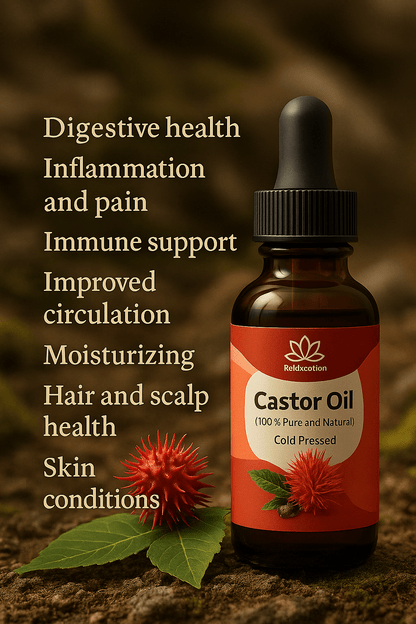 Forceup Organic Castor Oil in a clear bottle, showcasing the rich, golden oil inside.