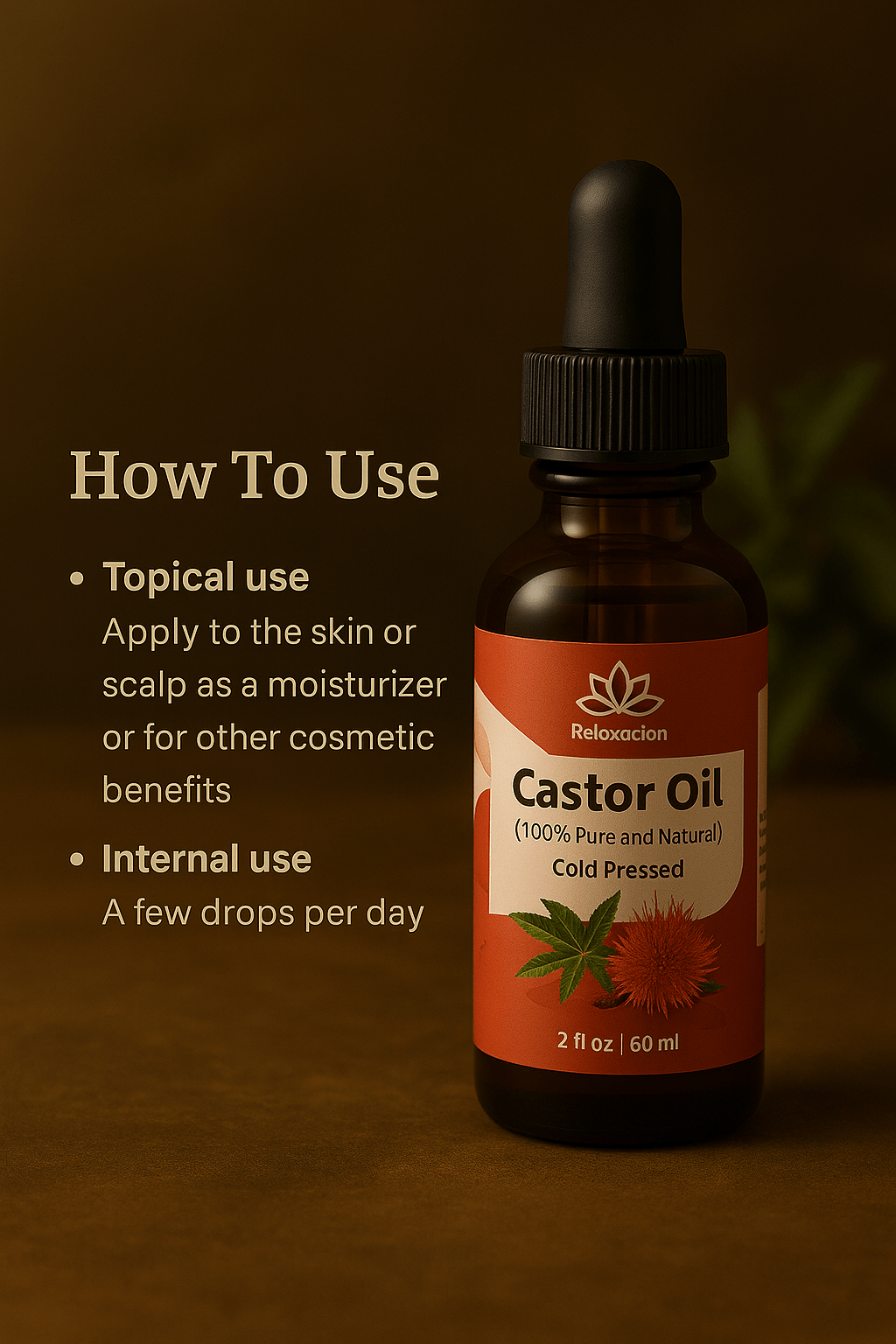 Forceup organic castor oil bottle with clear liquid, showcasing the label and cap design against a neutral background.