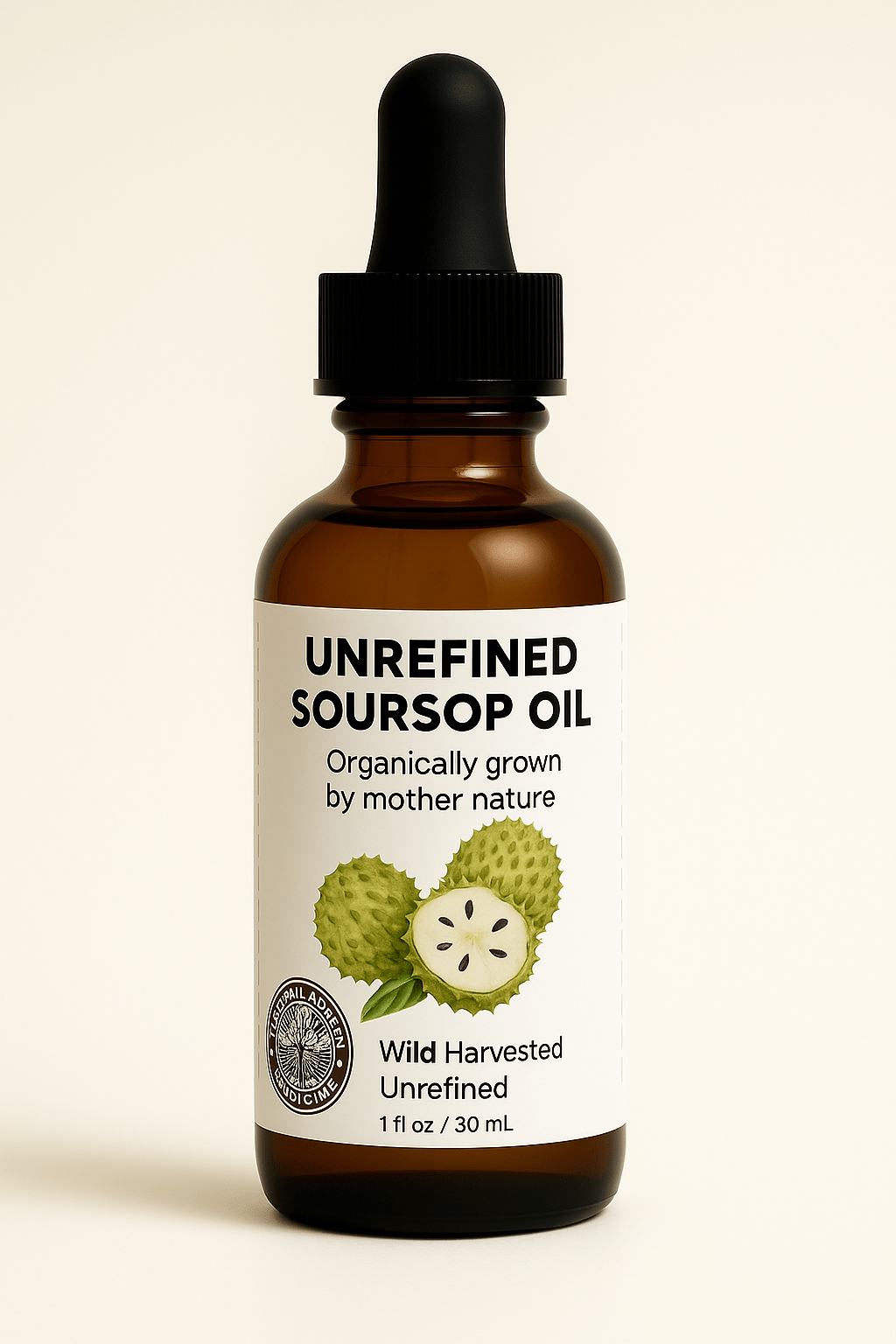 100% natural soursop oil bottle from Forceup, showcasing the green liquid and label design on a neutral background.