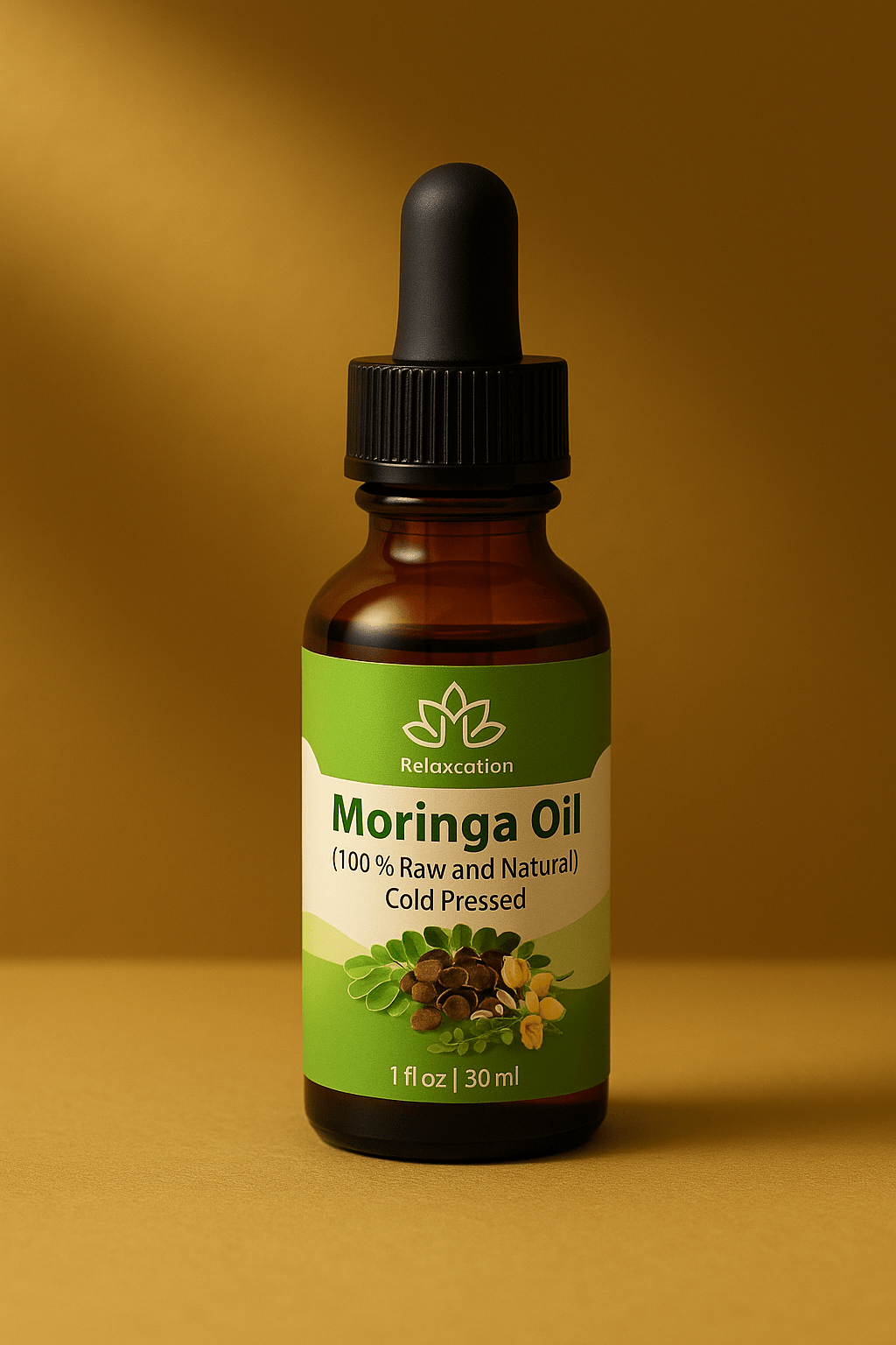 Forceup Organic Moringa Oil in a clear bottle with a green label, showcasing the oil's rich golden color.