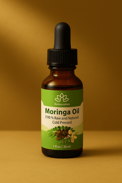 Forceup Organic Moringa Oil in a clear bottle with a green label, showcasing the oil's rich golden color.