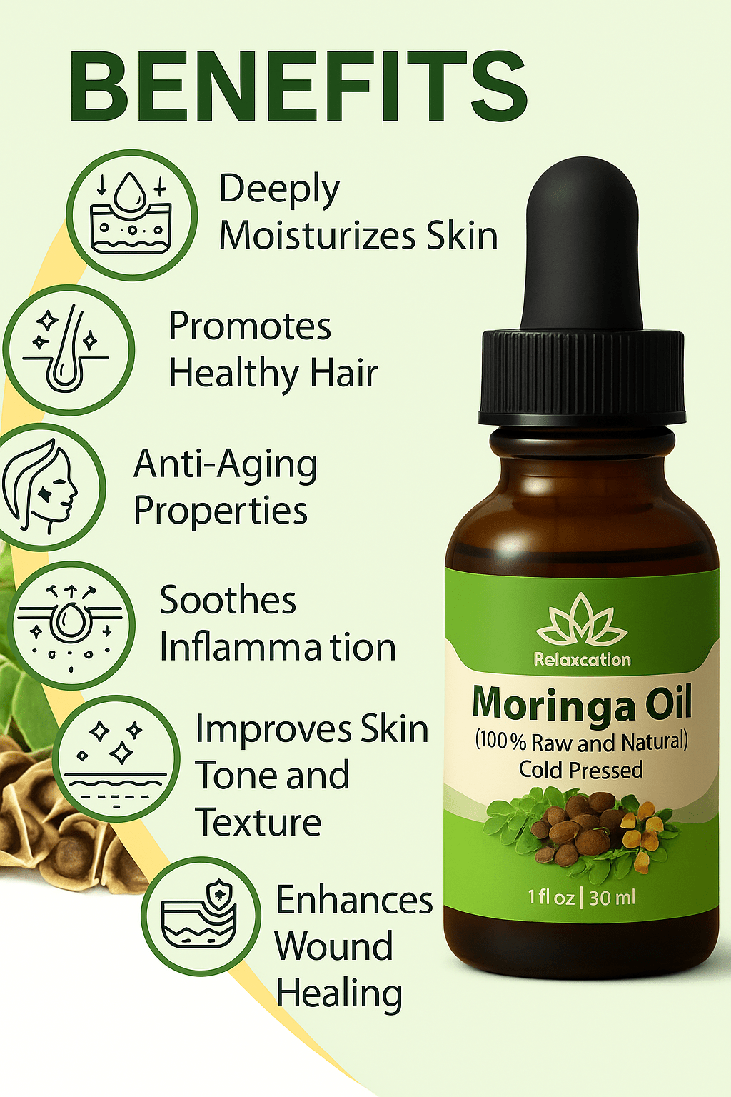Forceup Organic Moringa Oil in a clear bottle with a dropper, showcasing its golden color and label design.
