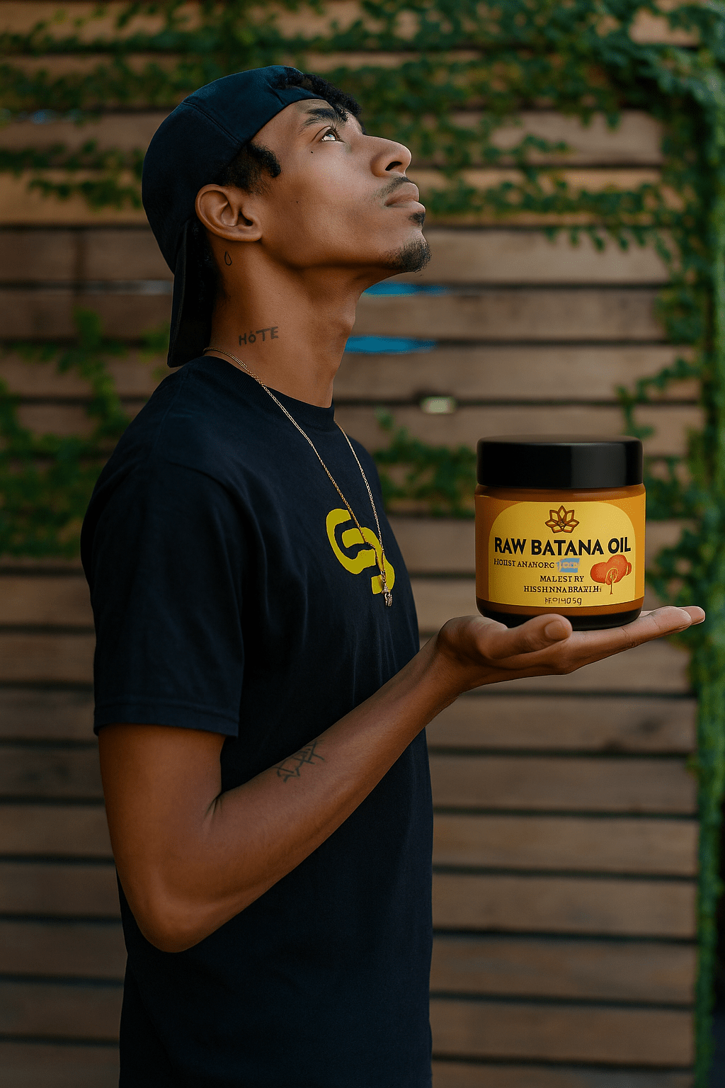 Raw Batana Oil by Forceup in a clear bottle with a wooden cap, showcasing its rich, golden color and natural texture.