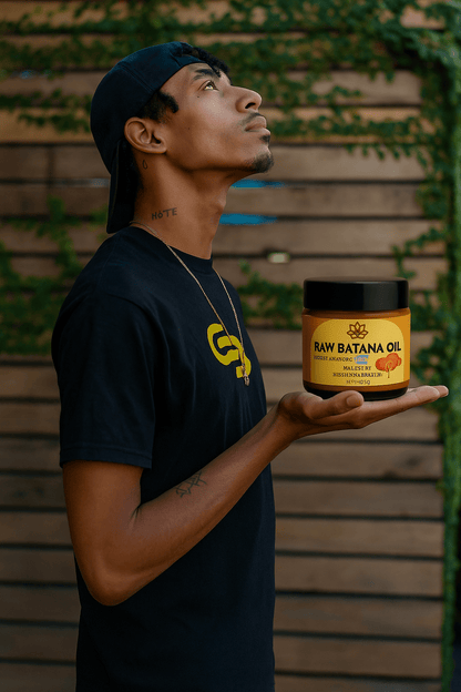 Raw Batana Oil by Forceup in a clear bottle with a wooden cap, showcasing its rich, golden color and natural texture.