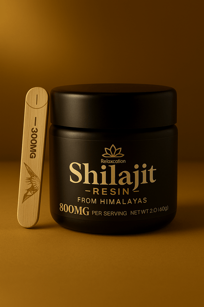 Pure 100% Himalayan Shilajit resin from Forceup, showcasing its rich, dark texture in a glass container.