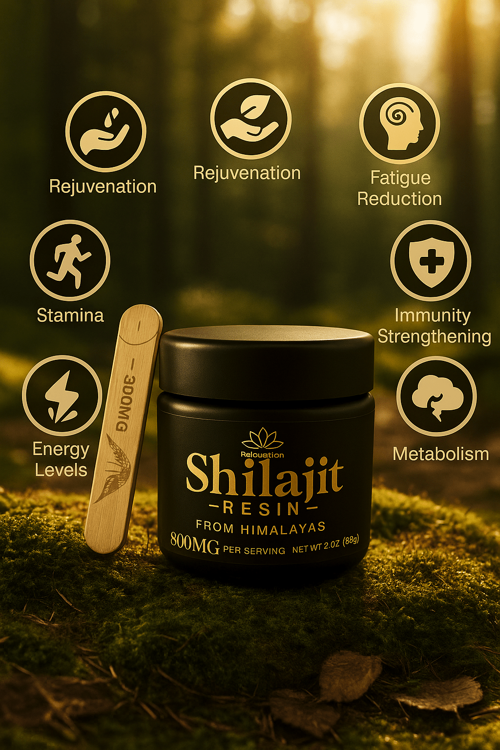 Pure 100% Himalayan Shilajit resin from Forceup in a clear container, showcasing its rich, dark texture.