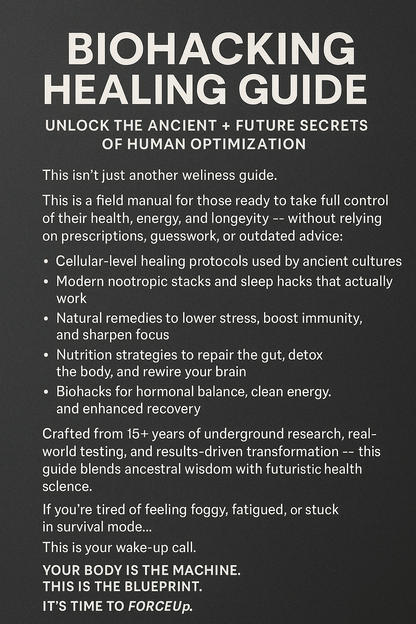 Ultimate Biohacking Healing book by Forceup featuring a modern design and informative cover on health and wellness.