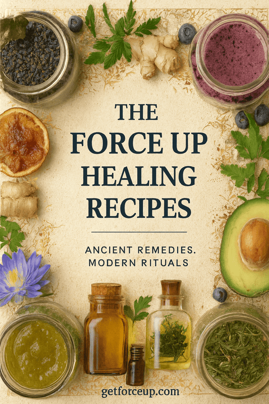 Forceup Ultimate Force Up Healing Recipes book cover featuring vibrant illustrations of healthy meals and ingredients.